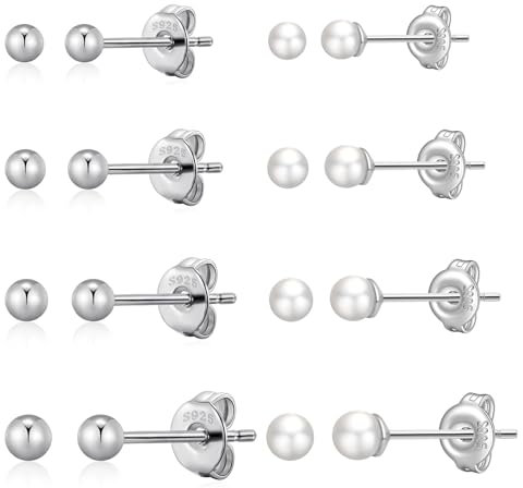 Winzige silberne Kugelohrstecker und Perlenohrstecker-Set für Damen und Herren, Ohrringe aus Sterlingsilber 925, kleine hypoallergene Ohrring-Sets für mehrere Piercings, Ohrringe für das zweite Loch
