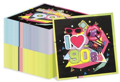 Hegbolke 100Pcs 90s Napkins, Multi-colored, 13x13 inches, 2-Ply, Paper, Ideal for 90s Theme Parties