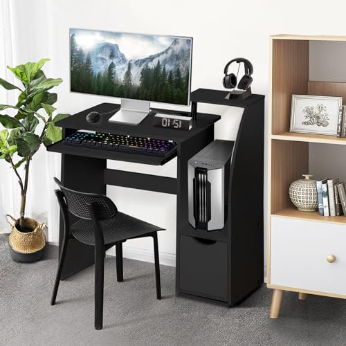 Trintion Computer Desk Black, Study Writing Small Desks with Drawer Sliding Storage Shelf Keyboard Tray, Gaming Desks for Home Bedroom Office Table Workstations, 80x85x40cm