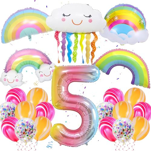 Geburtstags Deko Mädchen 5 Jahre - 22 Stück Regenbogen Party Set mit Folienballon, Farbverlauf Nr. 5, Lächelnde Quasten für Mädchen 5. Geburtstag