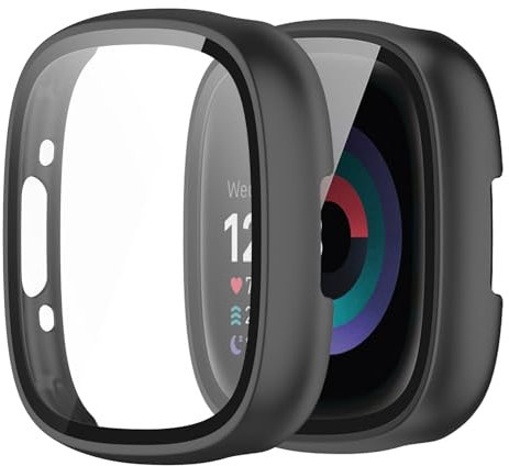 YAODLE Hülle für Fitbit Sense 2/Versa 4 Schutzhülle,PC Ultradünne HD Hartglas Glas Kratzfest 360° Rundum Displayschutz (Schwarz)