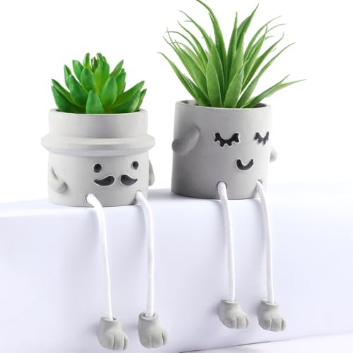 byepica Set di 2 piante grasse artificiali, realistiche piante in vaso finte, graziose fioriere in cemento con gambe da appendere, decorazione divertente e realistica per scaffale, scrivania, camera