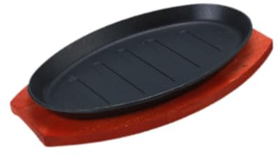 Milageto Assiette à steak en fonte antiadhésive de forme ovale avec base en bois pour restaurant à domicile, 28cmx17cm