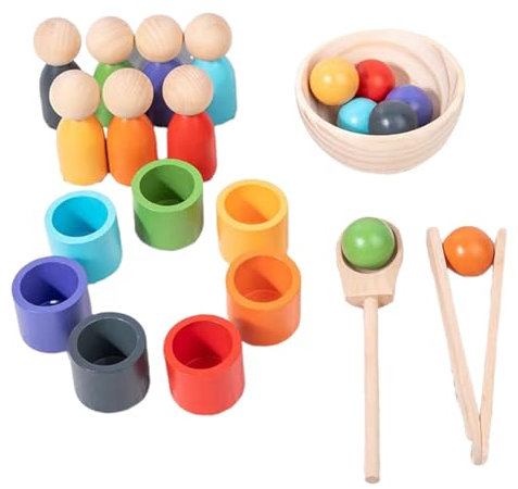 WOODENFUN Regenbogen Bälle in Tassen, Montessori Spielzeug für Kleinkinder, für 1 2 3Jahr, Vorschule, Holzspiele zum Lernen, Farbsortieren und Zählen (7-Farben)