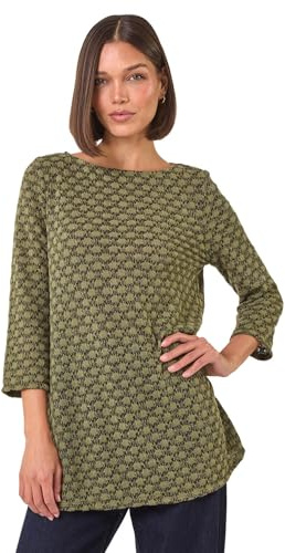 Roman Originals Crochet Knit Tunic Stretch Top for Women UK - Ladies Everyday Autumn Winter Slash Neckline Comfy Soft Evening Vacation Work Party Night Out - Khaki - Size 14