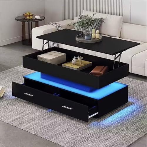 BTM Lift Top Coffee Table With 2 Drawers and LED Light, Coffee Table With Storage, End Table Tea Tables for Living Room, Black