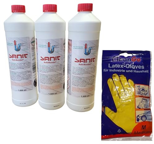 zbs24 Sanit RohrBombe der alternative Rohrreiniger - säurefrei löst er Verstopfungen, insbesondere verursacht durch Haare, inkl. Latex Haushaltshandschuhe (3 x 1000ml)