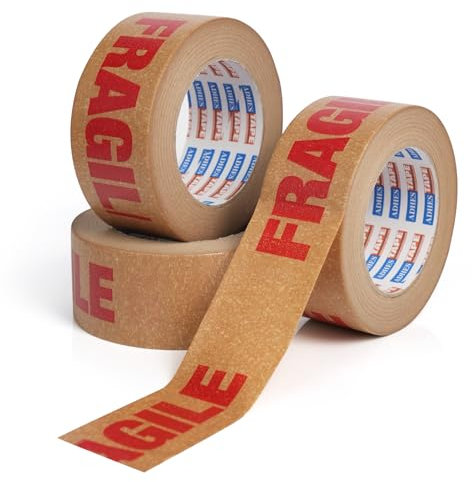 ADHES 3 Rouleau Nastro adesivo da imballaggio stampato Fragile, 50mm x 50m ecologico interamente riciclabile nastro adesivo Kraft stampato per imballaggi