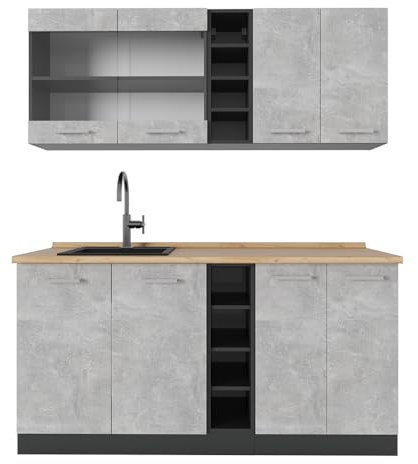 Vicco Singleküche R-Line, Küchenzeile Single, Beton/Anthrazit, 160 cm, AP Eiche