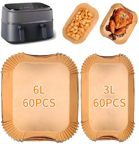 Papier Cuisson Air Fryer pour Philips Airfryer Série 3000, Papier Cuisson Papier Sulfurisé pour Philips Dual Basket Airfryer 9 Litres NA350/00, Moule Air Fryer Accessoires (60pcs+60pcs) (6L+3L)