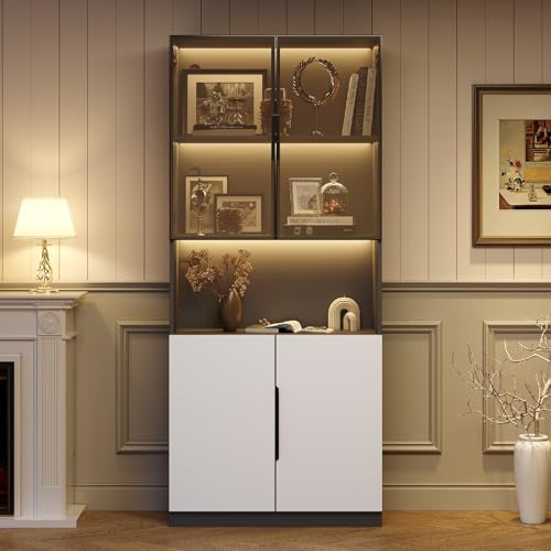 PUGSDRLY Vitrine Minimaliste avec Portes en Verre,Armoire de Vitrine avec Lumières LED,Bibliotheque,Moderne Meubles de Rangement avec étagères pour Cuisine Salon et Bureau 80x30x200cm (A, 1)