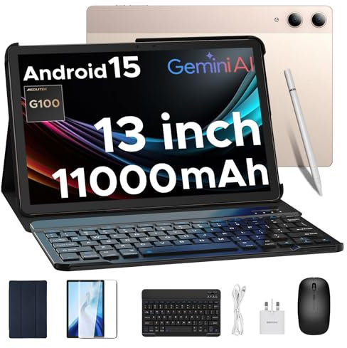 DOOGEE TAB E3 Pro Android 15 Tablet 13 Inch, 11000mAh Big Battery, 32GB RAM 256GB ROM, Helio G100 Octa-Core, Ultra-Slim 7.9mm Metal Body, Dual SIM Slot, Tablet with Keyboard and Pen/Mouse/Case (Gold)