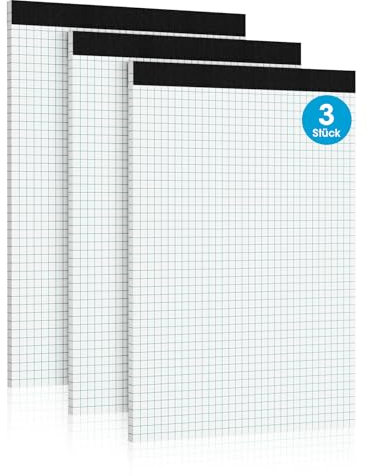 Roneky Notizblock A4 Kariert Notizblöcke, 3 Stück Schreibblock, 4x4 Notizblock Kariert A4, 25 Blatt Millimeterpapier Block Karierter Block A4 Karierter liniertes Papier für Haus, Büro, Schule