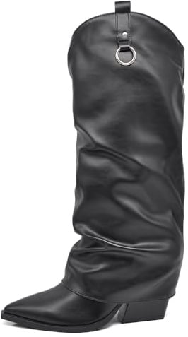 IF Fashion Stivali Texani Arricciati stropicciati Da Donna A Punta Con Tacco E Ghetta Risvolto MP742-2 nero N.38