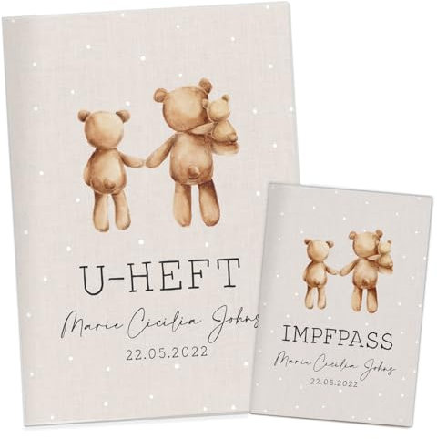 NORDEULE U-Heft- und Imfpasshülle mit Name und Datum personalisiert | 3-teiliges Set | Hochwertige Hülle für Untersuchungsheft und Impfass Deines Kindes (Ella Beige)