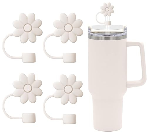 SEMATA 4PCS Silicone Straw Covers Toppers for Stanley Cups 30&40 Oz Tumbler Accessories Flower Straw Caps Cream Dust-Proof Reusable Straws Tips Protectors for Stanley Cup 10mm 0.4in Straws