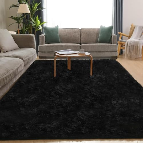 Puremy Hochflor Teppiche Wohnzimmer Flauschiger Weich, 160x220cm, Schwarz | Wohnzimmerteppich Waschbarer & Anti-Rutsch Modern Shaggy Teppich für Schlafzimmer, Kinderzimmer