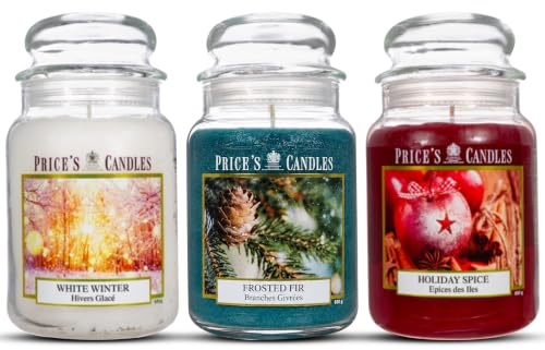 Price's Candles Set of 3 Large Jar Candles Frosted Fir Holiday Spice White Winter Long Burning Scented Wax Candle Gift Set 450 Hour Burn Home Seasonal Fragrance