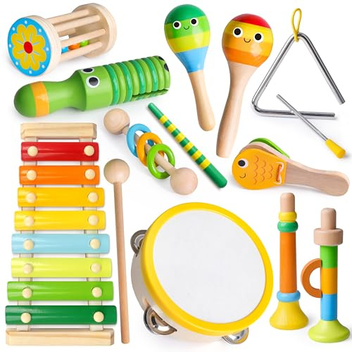 Coogam Holzmusikinstrumente für Kinder - Klingelturm, Flöte, Maracas & Schlaginstrumente - Montessori Lernspielzeug zur Rhythmusförderung umweltfreundliches Musikset ab 3 Jahre