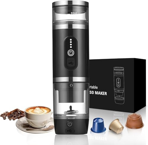 Umisu Máquina de café portátil 3 en 1 con espumador de leche, máquina de café expreso con cápsulas 20 bar y café molido para oficina, coche, camping, senderismo, viajes, Navidad, cumpleaños, negro
