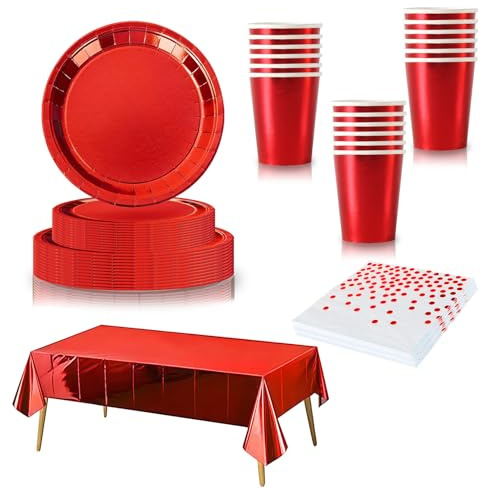65 Stück Partygeschirr Rot, Einweggeschirr Set mit Pappteller Pappbecher Servietten Tischdecke Plastik für 16 Gäste, Papiergeschirr Partyzubehör für Geburtstag,Jubiläum,Hochzeit Weihnachten Party