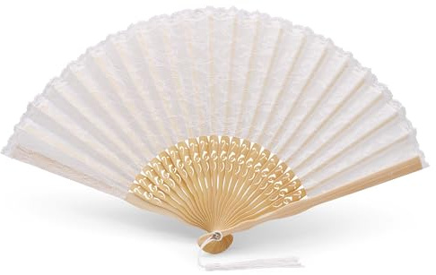 OLILLY - Bridal Fan - White Lace & Natural Wood - Elegant Summer Wedding Accessory - Pouch Included