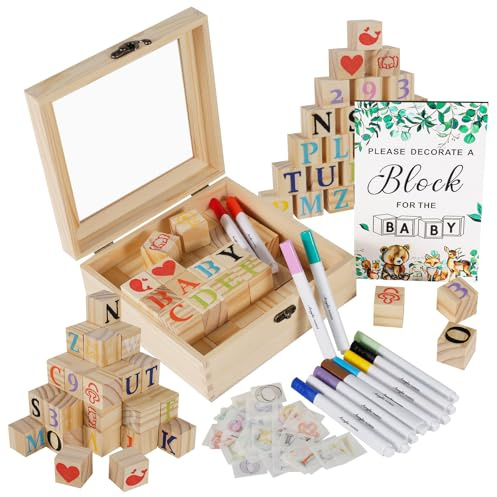 104Pcs Baby Shower Games Set,DIY Baby Shower Welcome Sign,Gender Reveal Decor for Guests with 48 Natural Wooden Painting Blocks,42 Letter Number Stencils,12 Acrylic Paintbrushes,Sturdy Board & Box