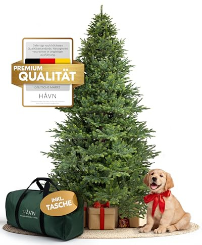 Håvn ® 100 % Spritzguss Künstlicher Weihnachtsbaum (210 cm) – Naturgetreuer Stamm, extra dichte Zweige, inkl. Holzständer & Tasche – Premium Tannenbaum