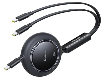 Baseus Cable USB C retráctil, 100 W 2 en 1 USB C a USBC, cable de carga multirápida, 5 preajustes de longitud, cable de carga 5A tipo C de 4 pies para iPhone 17 Pro/Plus/Max, Galaxy S24/S23, iPad Pro
