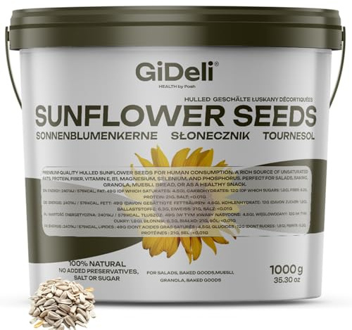 GiDeli Sonnenblumenkerne geschält 1 kg im Eimer - Roh und Ungesalzen - Gesunder Snack für Menschen - Ideal zum Essen, Backen und Kochen