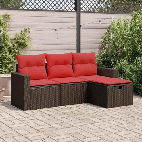 Owoxanthellate Owox 4tlg Gartensofa Rattan 55x53x34 cm wetterfest mit rotem Kissenset, Stauraum Hocker, Stahlgestell, Balkon/Terrasse
