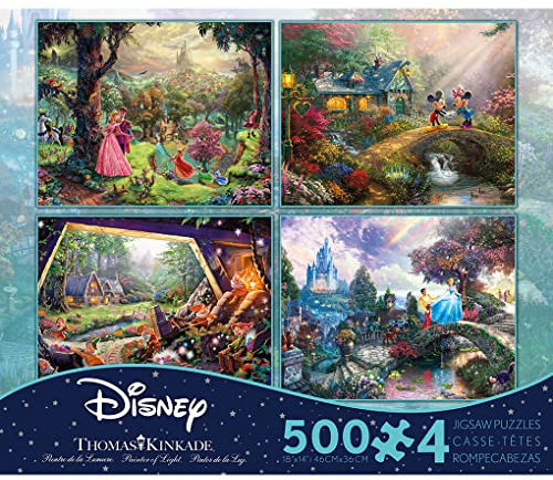 Thomas Kinkade - The Disney Collection 4 in 1 Multi-Pack, 500 Pieces Each Puzzle (Sleeping Beauty, Mickey & Minnie Mouse, Snow White & Seven Dwarfs, and Cinderella)