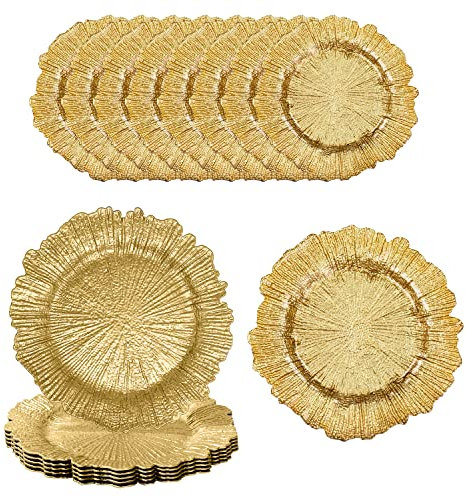 WedDecor Round Charger Plates Centerpiece Glass Presentation Plate Set Dinner Table Decorations Weddings Banquets Christmas Dining Parties Tableware, 33cm, Gold with Vintage, 12pcs