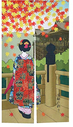 LIGICKY Japanische Noren Lang Vorhang Türvorhang Tapisseri Fliegen Insektenvorhang Raumteiler 85 x 150 cm (Ukiyo-e Kyoto Miyako Odor,Kyoto Geisha Mädchen und Japanische Ahornblätter)