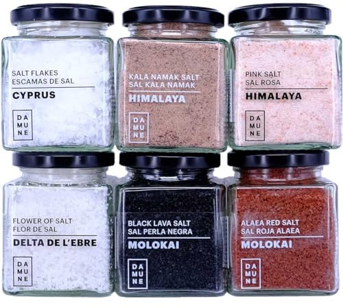 DAMUNE Sales Gourmet: Sal Negra Hawai (200g), Sal Roja Hawai (200g), Flor de Sal Delta del Ebro (150g), Sal en Escamas Chipre (100g), Sal Rosa (200g) y Sal Kala Namak (200g)