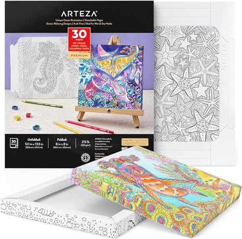 Arteza Malbuch für Erwachsene, 30,6 x 34,2 cm, 20,4 x 20,4 cm gefaltet, 30 Blätter, Ausmalbuch mit Meeresillustrationen, 350 g/m² Papier, DIY-Malvorlagen zur Entspannung