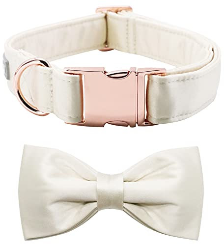 Lionet Paws Hundehalsband mit Fliege - komfortable Seide weiß Hochzeit Hundehalsband mit abnehmbaren Fliege für kleine Hunde, Hals 25-40cm