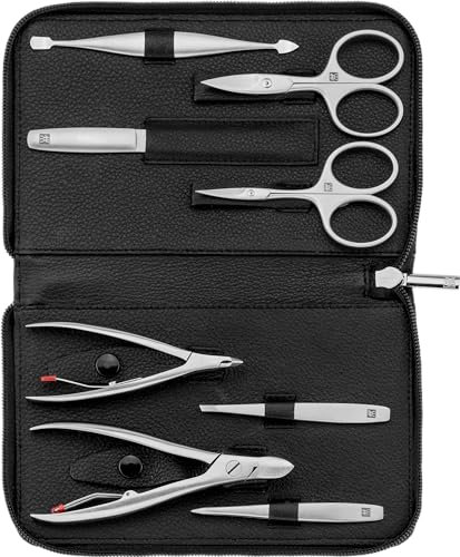 ZWILLING Maniküreset (8 Teilig, komplette Nagelpflege, Pediküre, Echtleder-Etui mit Reißverschluss), Premium, Schwarz