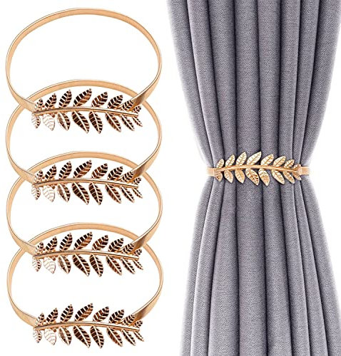sinzau 4 Pièces Feuilles Dorées Embrasses de Rideaux, Pince à Rideau, Porte Rideaux élasticité en Alliage Réglable, Boucles Rideau avec Corde Ressort, pour Maison Bureau Hôtel Fenêtre