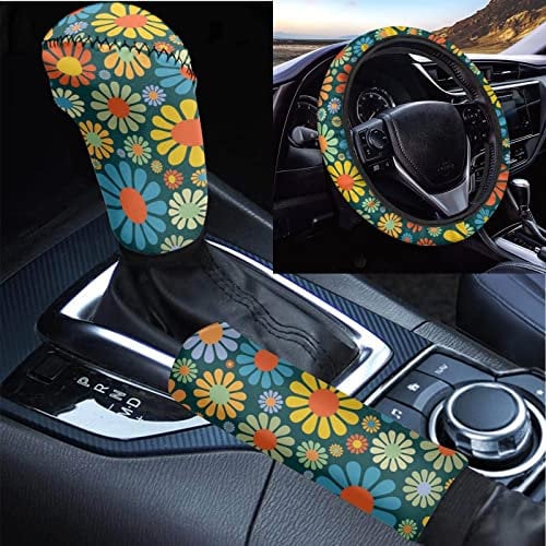 Belidome Lenkradbezug mit abstraktem Hippie-Blumen-Motiv, Schaltknauf, Handbremskissen, buntes Gänseblümchen, dehnbar