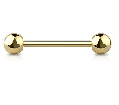 Jewel Barrel Piercing Langue, Barre de Langue Haltère, Bijoux de Corps 14g (1,6 mm), Longueur de Barre 12/14/16 mm, Taille de Boule 4/5/6 mm, Acier Chirurgical (Or, 12)