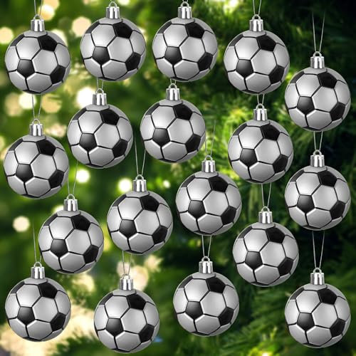 Weihnachtsdekoration, Kugel, Kunststoff, 5,9 cm, Weihnachtsbaumschmuck mit Aufhängeschlaufe, Sportthema, dekorative hängende Ornamente für Weihnachten, Urlaub, Party, Baum, Zuhause (Fußball, 18 Stück)