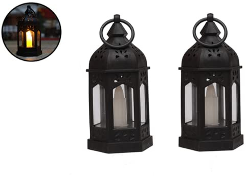 2 Pack Mini Lanterns, LED Portable Retro Pendant Lights for Christmas Candle Holders, Patio, Party, Hanging Lights Decoration (Black)