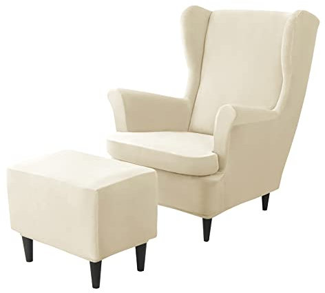 JHLD Stretch Husse für Ohrensessel Mit Ottomane Schonbezug, Samt Husse für Ohrensessel 2 Stück Ottomane Bezug -Beige-3 Stück
