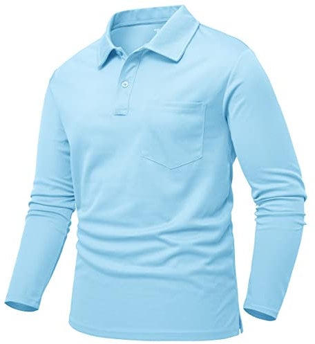 Rdruko Polo Shirt Long Sleeve Men Smart Casual Breathable Button Neck T Golf Shirts Wicking Quick Dry Polyester Work Tops with Pocket Sky Blue M