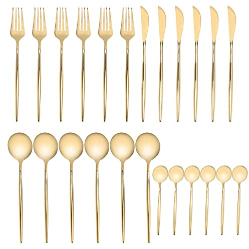 ANKROYU Juego de cubiertos dorados de 24 Uds., juego de cubiertos de acero inoxidable con cuchara tenedor, juego de cubiertos dorados para banquetes de boda de fiesta en casa