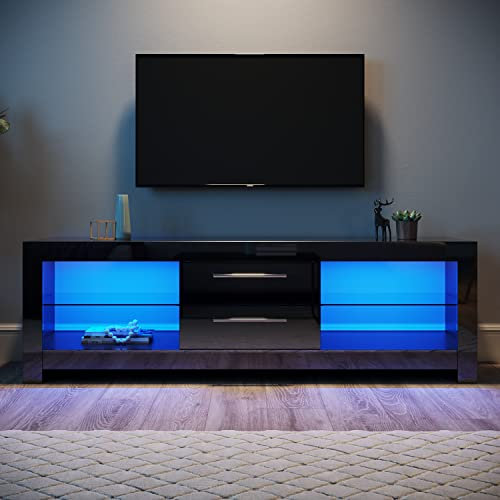 ELEGANT LED TV Unit 160cm High Gloss Modern TV Stand Cabinet with Ambient Lights for 32 40 43 50 55 60 65 inch 4k TV Living Room and Bedroom Furniture with Storage, Black