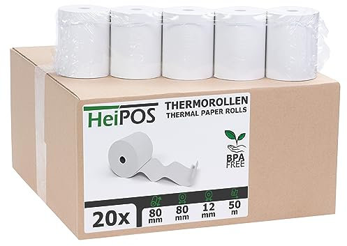 HeiGroup HeiPOS - 20x Kassenrollen Thermorollen - 80 mm x 80 m x 12 mm - 55 g/m² Papier - Für EC-Cash, Kreditkarten Kassensysteme und mehr