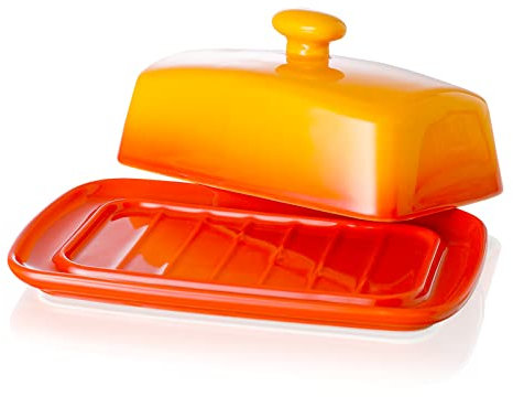 Large Porcelain Butter Dish with Lid, Candiicap Classic Color Changing Butter Keeper for Countertop, Large Butter Holder for Butter Storage & Home Kitchen Decor, Dishwasher Safe (Tropical Orange)