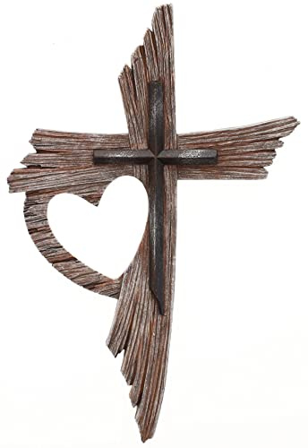 Top Brass Rustikales Wandkreuz One Love mit Herzmotiv, mehrlagig, verwitterte Holzoptik, spirituelle Jesuskunst-Skulptur